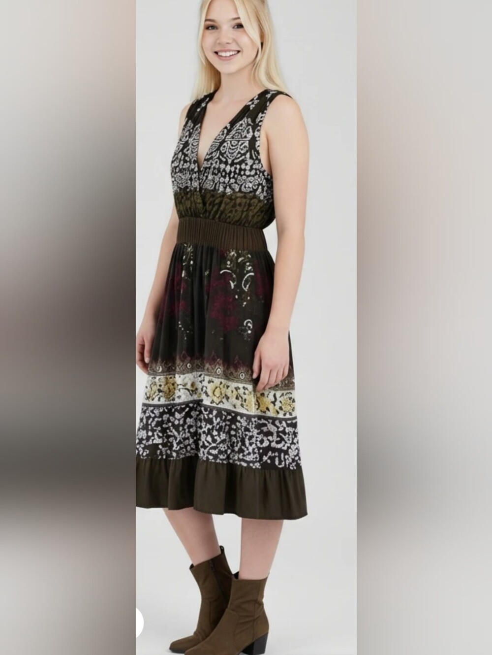 J Gee Sleeveless Mixed Print V-Neck Dress in Olive, Burgundy,White,Yellow &Brown